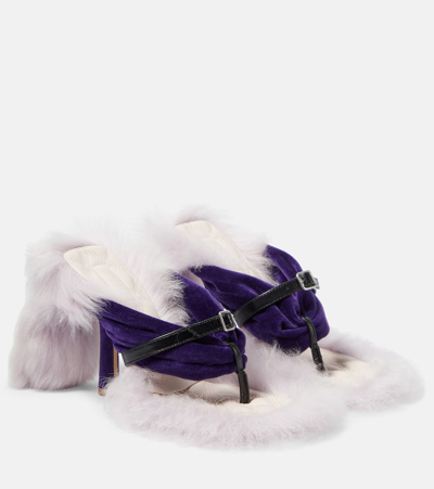 Burberry Fox Velvet Shearling Stiletto Slide Sandals In Purple