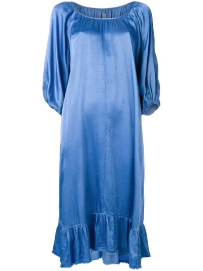 Raquel Allegra Pebble Satin Peasant Ruffle Dress In Blue