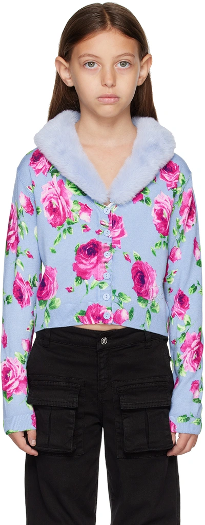 Miss Blumarine Faux-fur Collar Floral Intarsia-knit Cardigan In Light Blue