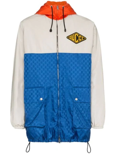 Gucci Gg Jacquard Logo Hooded Jacket In Blue