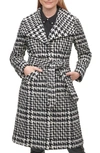 Karl Lagerfeld Puff Sleeve Belted Coat In Black-white