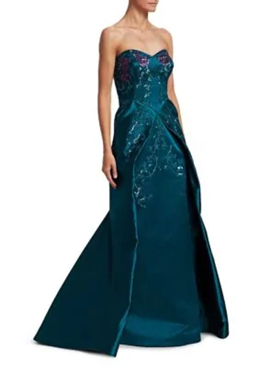 Zac Posen Floral Sequin Embroidered Gown In Aquamarine