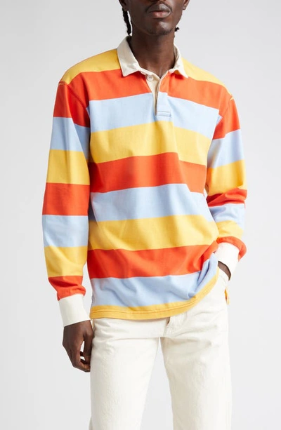 Drake's Stripe Long Sleeve Rugby Polo In Lemon/red/blue 502