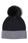 Sofia Cashmere Ribbed Cashmere Knit Beanie With Faux Fur Pompom In Black/ Charcoal