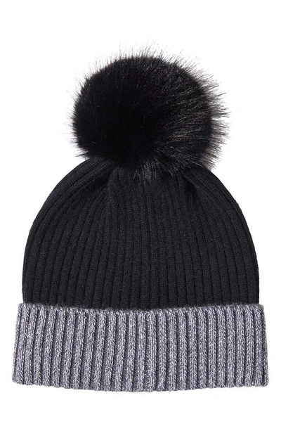 Sofia Cashmere Ribbed Cashmere Knit Beanie With Faux Fur Pompom In Black/ Charcoal