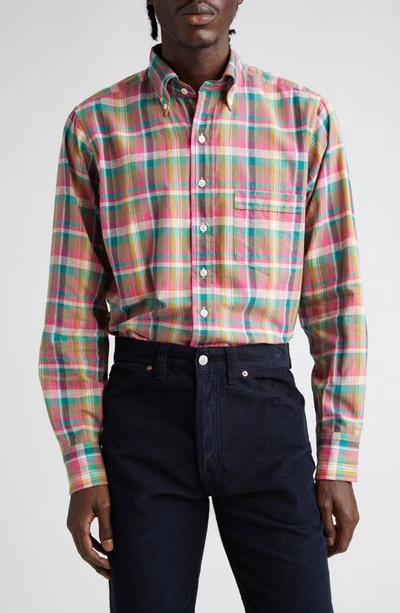 Drake's Madras Plaid Button-down Shirt In Pink/ Green