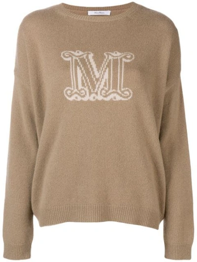 Max Mara Logo Intarsia Cashmere Knit Sweater In Camel