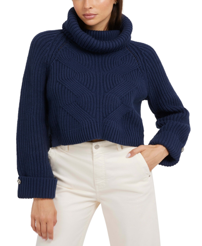 Guess Women's Lois Cable-knit Turtleneck Sweater In Blackened Blue