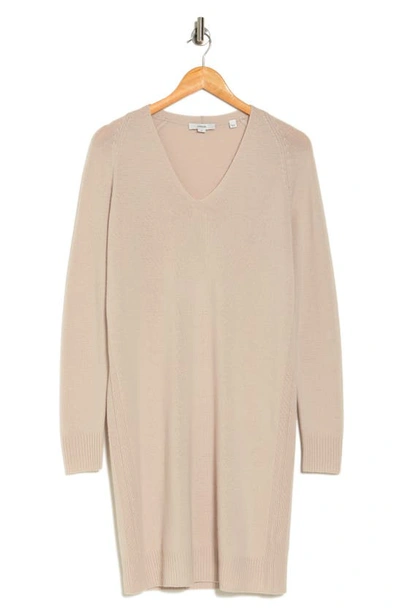 Vince V-neck Long Sleeve Wool Blend Sweater Dress In Biscuit