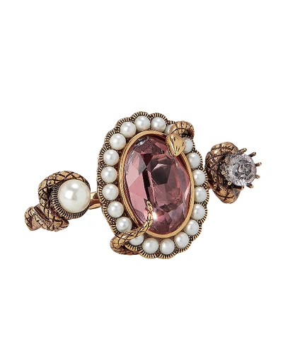 Alexander Mcqueen Snake Jewel Double Ring In Gold/ Rose