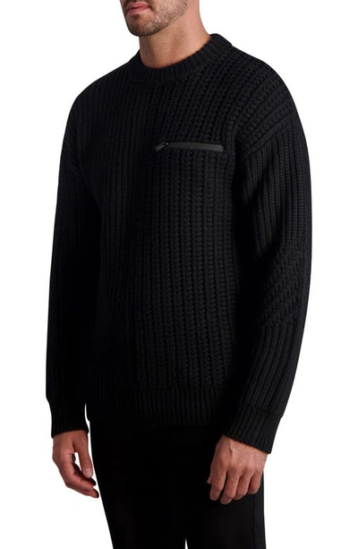Karl Lagerfeld Mixed Stitch Zip Pocket Wool Sweater In Black