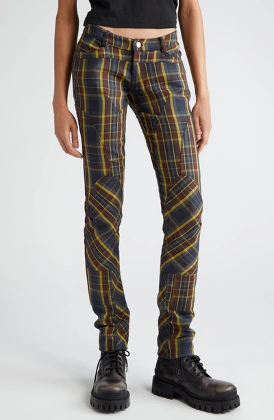 Collina Strada Rawr Plaid Cotton Skinny Moto Trousers In Navy Lime Plaid