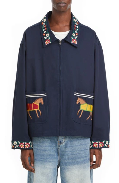 Profound Horse Embroidered Cotton Zip-up Jacket In Navy