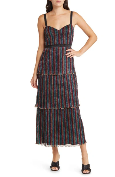Saylor Aviva Metallic Stripe Tiered Midi Dress In Rainbow