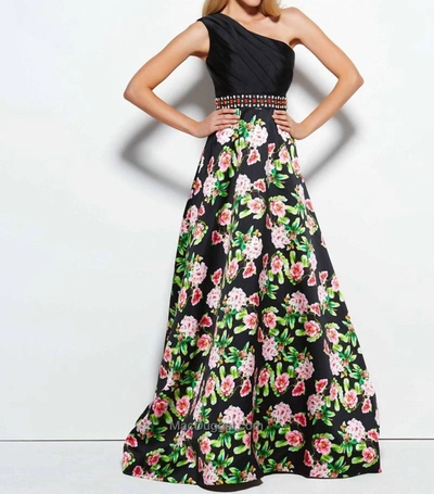 Mac Duggal Printed Ball Gown In Black/multi