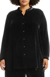 Eileen Fisher Band Collar Velvet Longline Button-up Shirt In Black