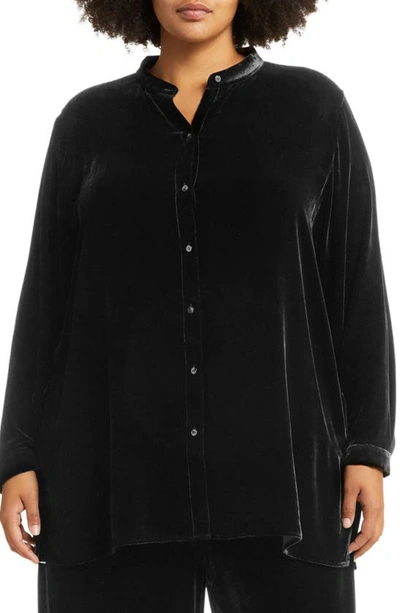 Eileen Fisher Band Collar Velvet Longline Button-up Shirt In Black