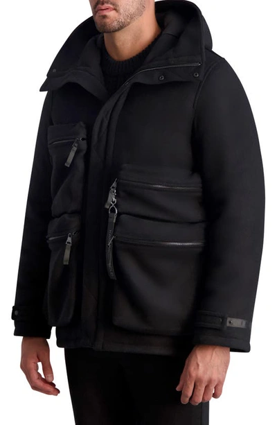 Karl Lagerfeld Hooded Wool Blend Down Military Jacket In Black