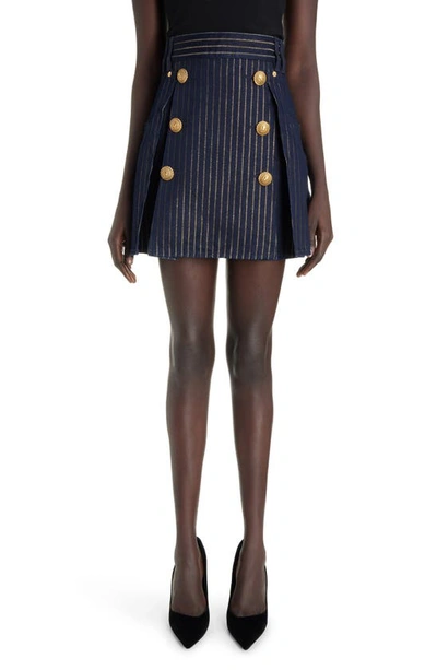 Balmain Six-button Metallic Pinstripe Denim Miniskirt In Multi-colored