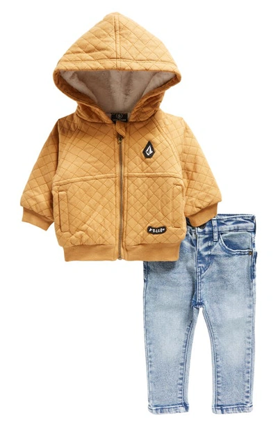 Volcom Babies' Quilted Cotton Hooded Jacket & Denim Jeans Set In Ochre