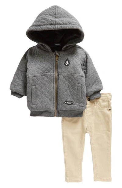 Volcom Babies' Quilted Cotton Hooded Jacket & Denim Jeans Set In Washed Black