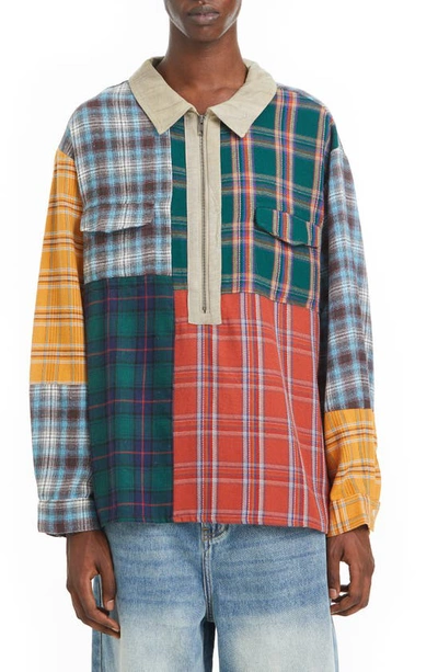 Profound Oversize Patchwork Plaid Half Zip Flannel Popover Shirt In Multi