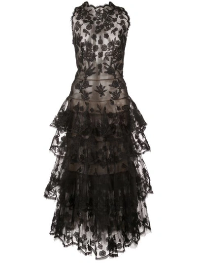 Oscar De La Renta Sleeveless Floral-embroidered Tiered Tulle Evening Gown W/ Open Back In Black