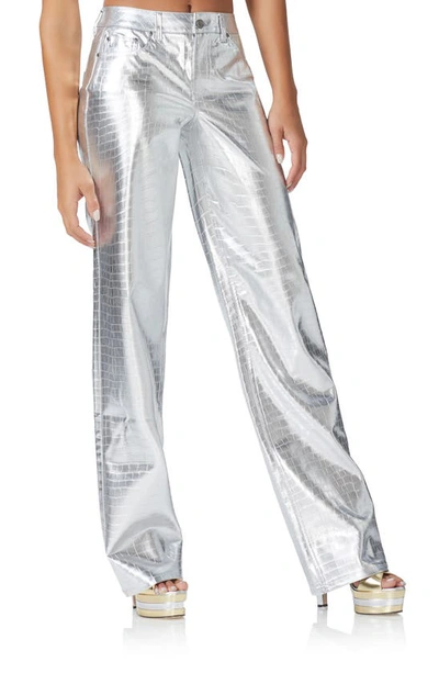 Afrm Marshall Croc Embossed Metallic Faux Leather Pants In Silver