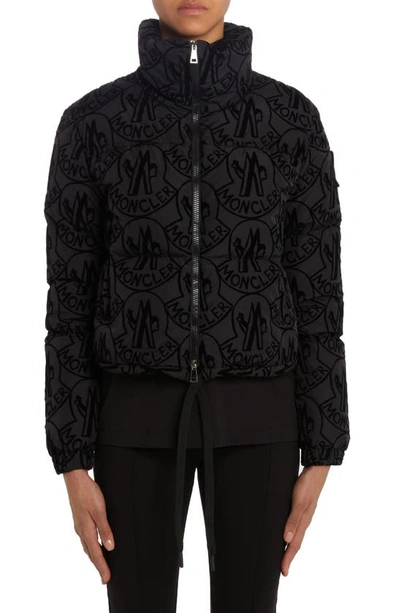 Moncler Merle Logo Print Down Jacket In Black