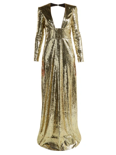 Dundas Long-sleeve Sequined Evening Gown W/ Open Back In Gold