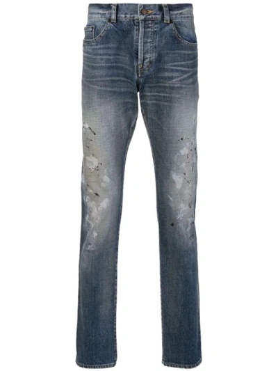 Saint Laurent Paint Detail Slim Jeans In Blue