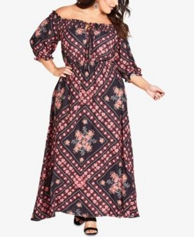 City Chic Trendy Plus Size Road Trip Printed Off-the-shoulder Maxi Dress