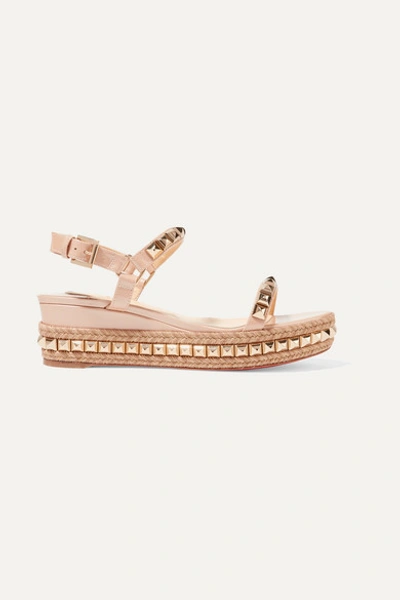 Christian Louboutin Cataclou 60 Embellished Patent-leather Wedge Espadrille Sandals In Neutral