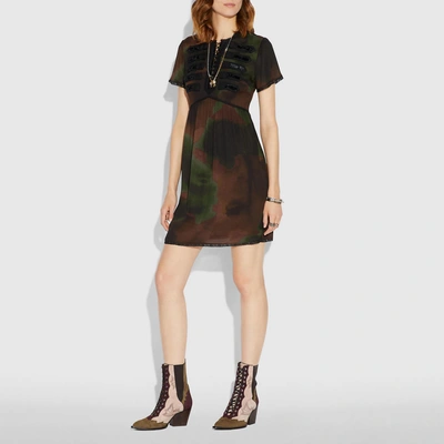 Coach Tie Dye Print Military Dress In Brown - Size 02 In Brown/green