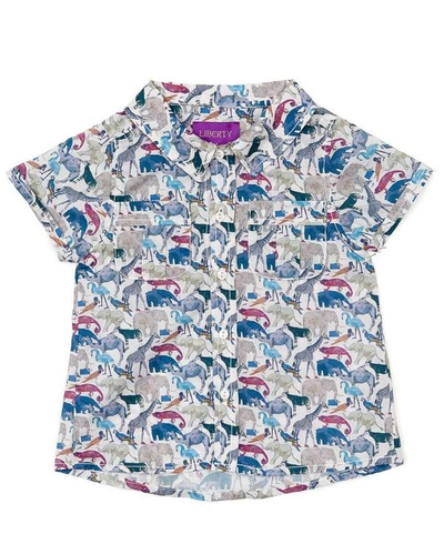 Liberty London Queue For The Zoo Short Sleeve Tana Lawn Cotton Shirt 3-24 Months In Blue