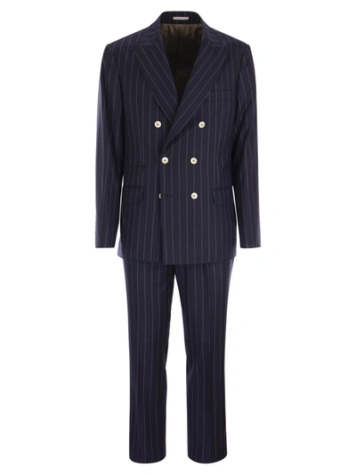 Brunello Cucinelli Wide Pinstripe Tailored Suit In Pure Wool In Blue