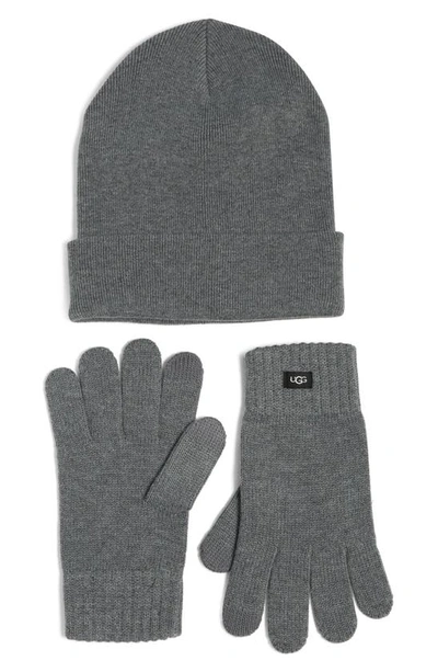 Ugg Knit Beanie & Tech Gloves Set In Charcoal