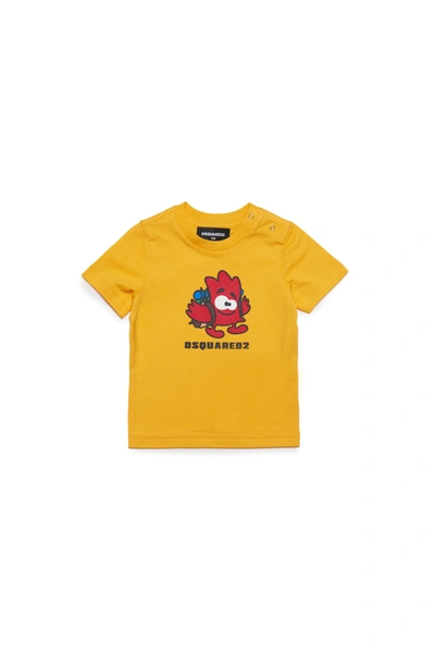 Dsquared2 Kids' Crew-neck Cotton Jersey T-shirt With Tiny Leaf In Yellow
