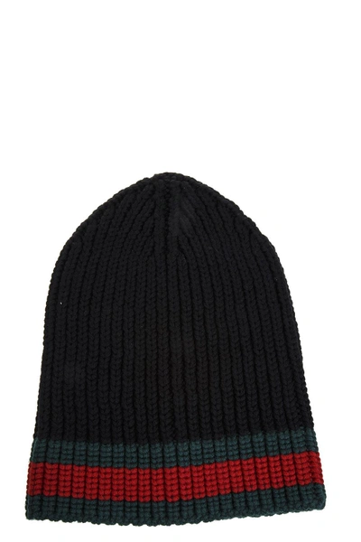 Gucci Web Wool Cable Knit Beanie Hat In Black
