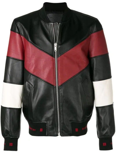 Givenchy Chevron Stripe Leather Bomber Jacket In Nero Bianco Bordeaux