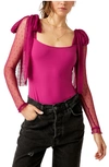 Free People Tongue Tied Mesh Sleeve Tie Shoulder Bodysuit In Fuchsia