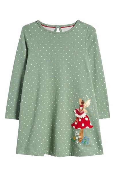Mini Boden Kids' Polka Dot Appliqué Long Sleeve Cotton Dress In Green Smoke Fairy