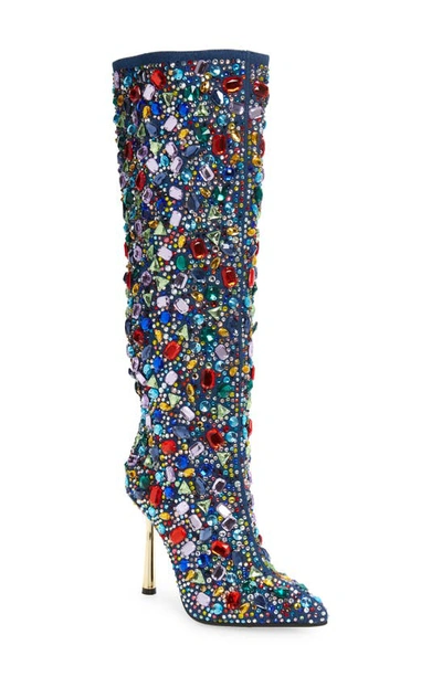 Azalea Wang Ember Rhinestone Knee High Boot In Blue Multi