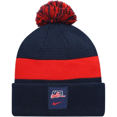 Nike Navy Usa Hockey Sideline Cuffed Knit Hat With Pom