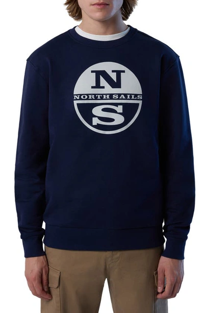 North Sails Logo Graphic Cotton Sweatshirt In Navy Blue