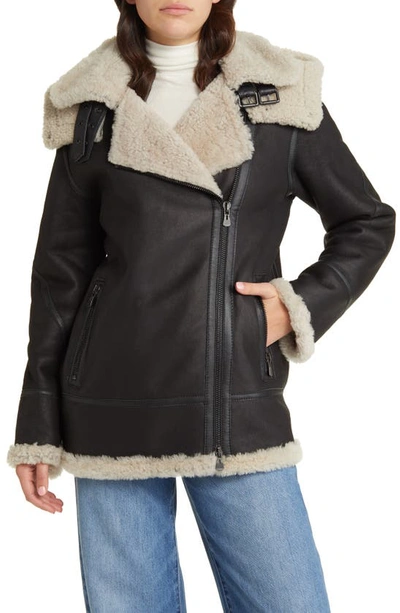 Hiso Martina Genuine Shearling Coat With Detachable Hood In Black Beige