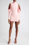 Area Crystal Cold Shoulder Long Sleeve Minidress In Candy Rose
