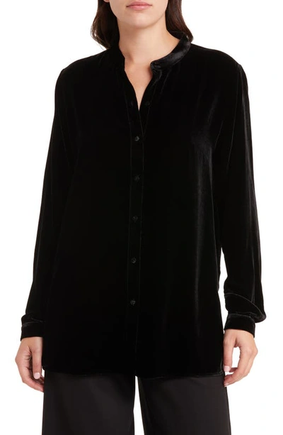 Eileen Fisher Band Collar Velvet Button-up Shirt In Black