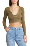 Bdg Urban Outfitters Going For Gold Long Sleeve Rib Crop Top In Khaki