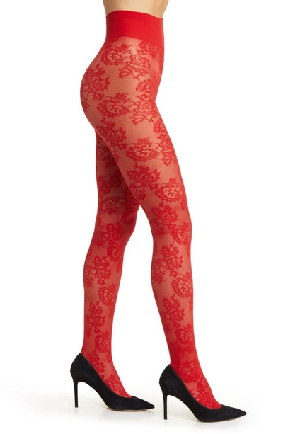 Oroblu Fine Sheer Lace Tights In Red